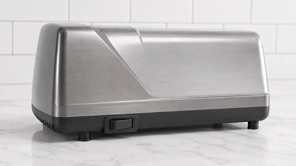 Close-up of the Chef'sChoice 1520 AngleSelect dual-angle selector showing the 15 and 20 degree settings on its brushed aluminum cover.