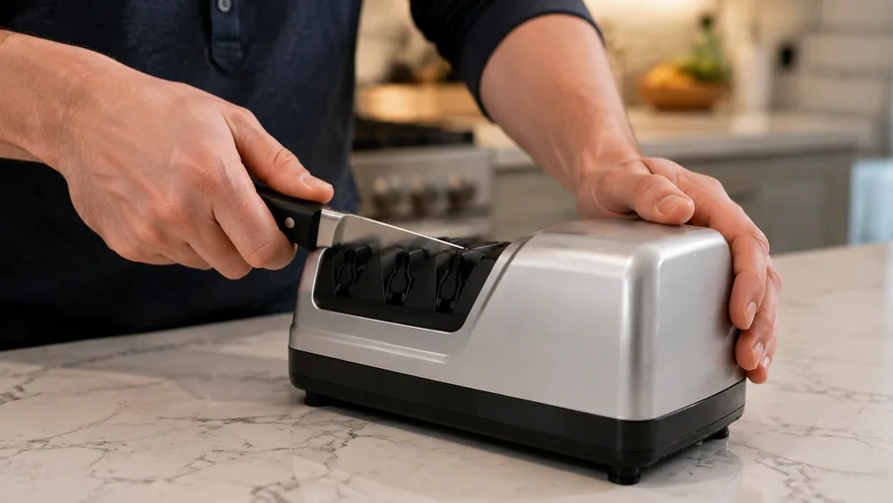 A hand pulling a chef's knife through the Chef'sChoice 15XV EdgeSelect's spring-loaded slot on a countertop, the machine's compact base planted on the counter.