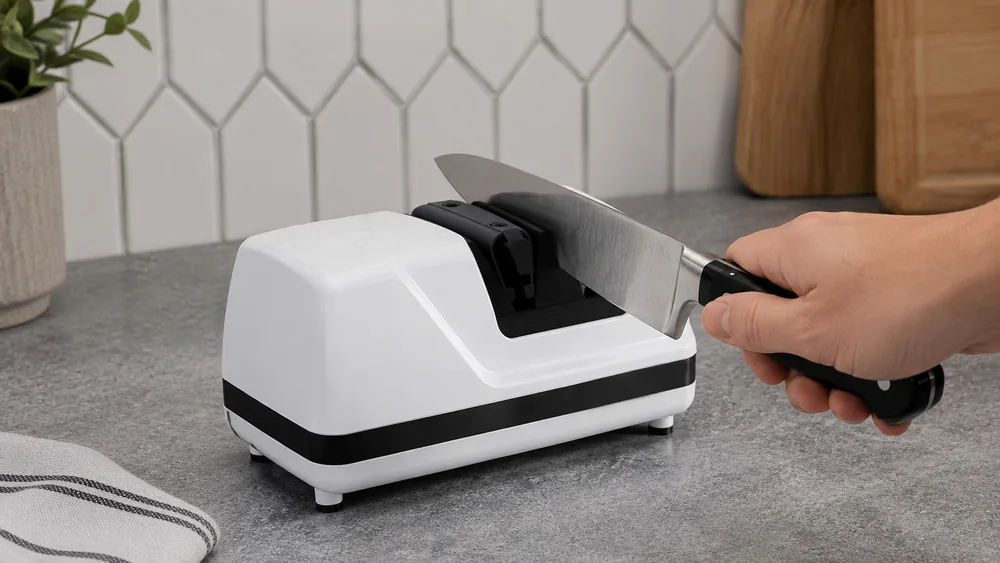 The compact Chef'sChoice 320 FlexHone on a countertop with a Western chef's knife at its stage-one slot.
