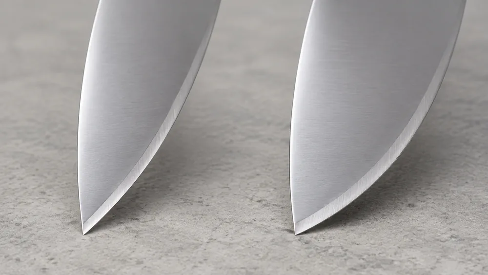 Diagram comparing a 15-degree edge and a 20-degree edge, showing the thinner, more aggressive 15-degree bevel and the sturdier, more chip-resistant 20-degree bevel.