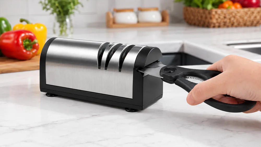 A pair of scissors entering the Narcissus 2-Stage's scissors slot while suction-cup feet hold the compact unit on the counter.