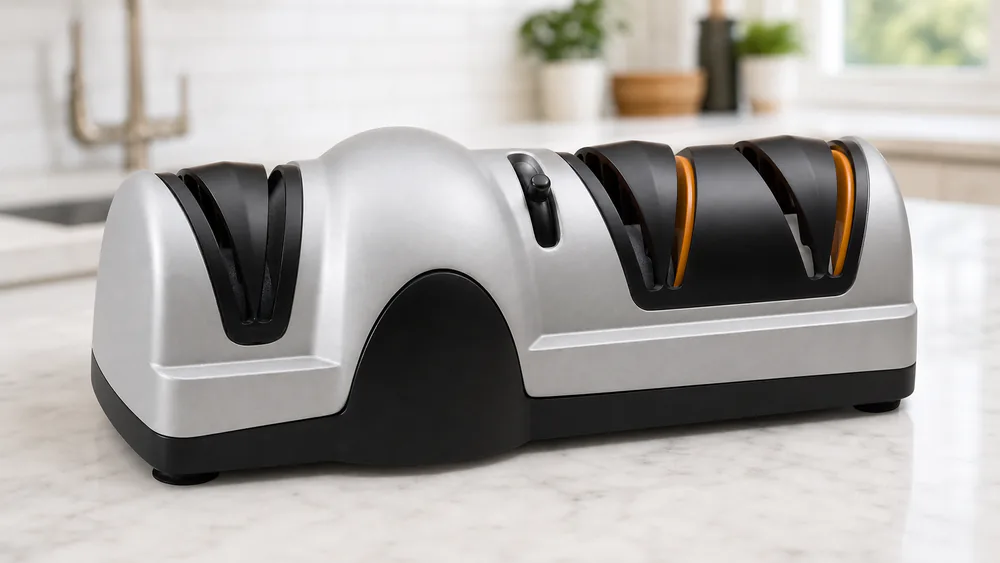 The Presto 08810 Professional with its blade thickness selector and three sharpening slots visible on the countertop.