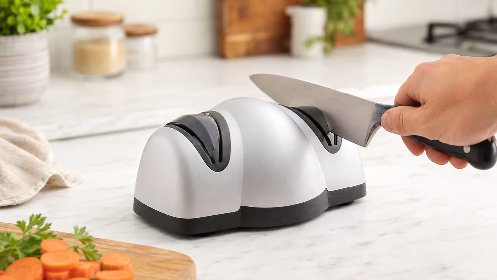 The compact white Presto EverSharp on a countertop with a chef's knife poised at its sharpening slot.