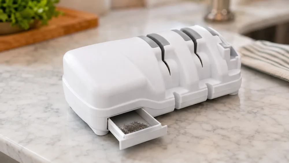 The SHARPAL 198H on a counter with its removable magnetic shavings tray pulled out and metal filings collected inside.
