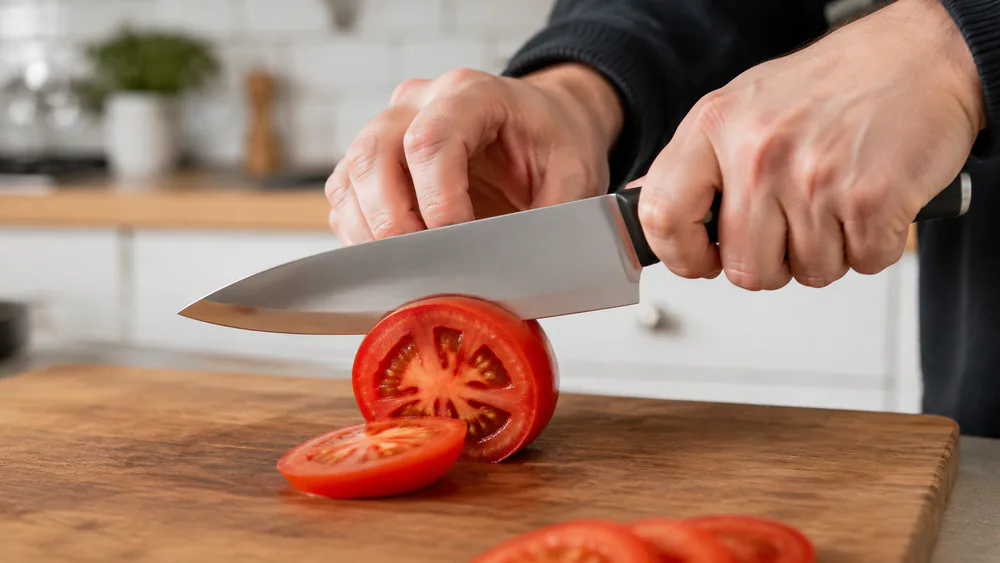 A chef's knife slicing a ripe tomato cleanly on a cutting board during our edge-retention test, the slice falling away without the fruit squashing.