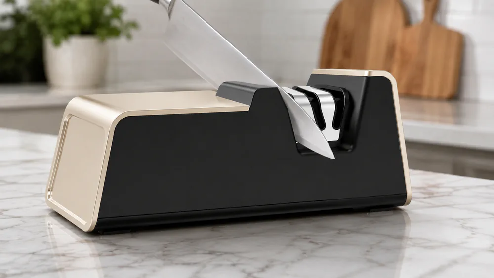 The VIDOME Professional's champagne gold body with a knife entering its sharpening slot on a kitchen counter.
