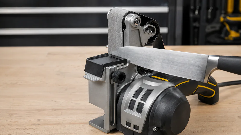 The compact Work Sharp MK2 with an exposed abrasive belt and a knife resting on its fixed angle guide.