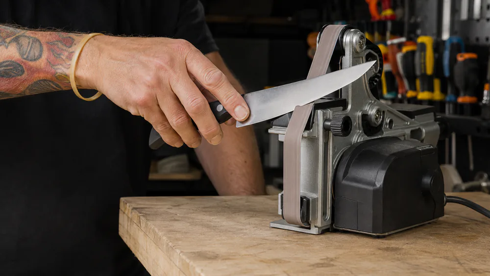 A knife angled against the Work Sharp Ken Onion Edition Elite Mk.2 belt guide on a workbench, the cast-metal body and exposed abrasive belt visible.