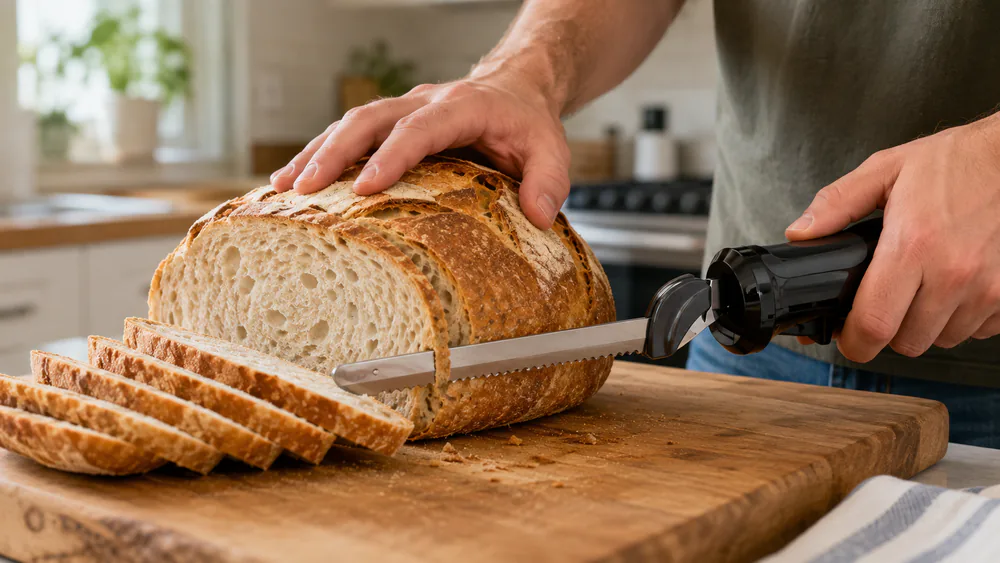 A Black+Decker EK500B Comfort Grip slicing a homemade loaf into thin, even slices.