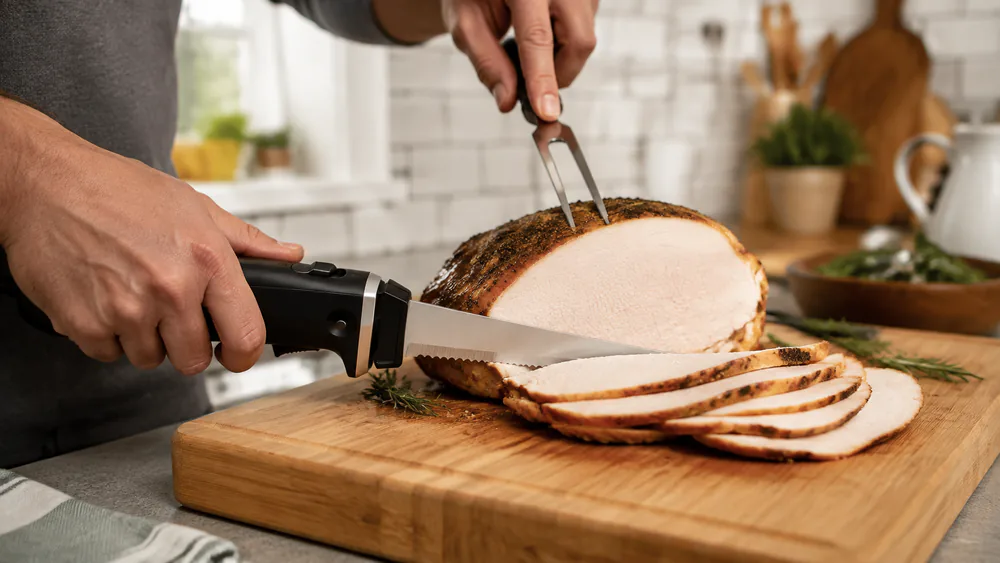 A Cuisinart CEK-41 carving thin slices from a turkey breast on a bamboo board, the carving fork steadying the bird.