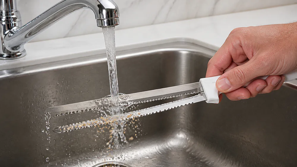 A serrated electric knife blade being rinsed under a kitchen tap, crumbs washing out of the teeth.