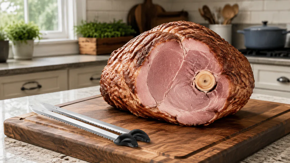 A bone-in ham on a cutting board with an electric knife beside it.
