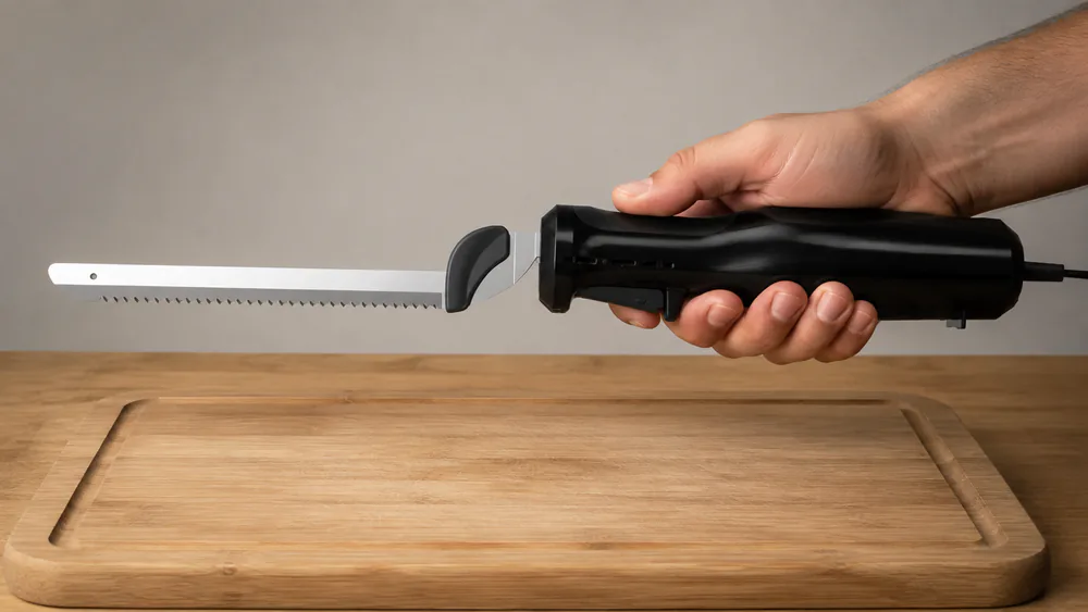 A hand gripping an electric knife's ergonomic handle at the trigger, showing the comfort pad and the blade release button.