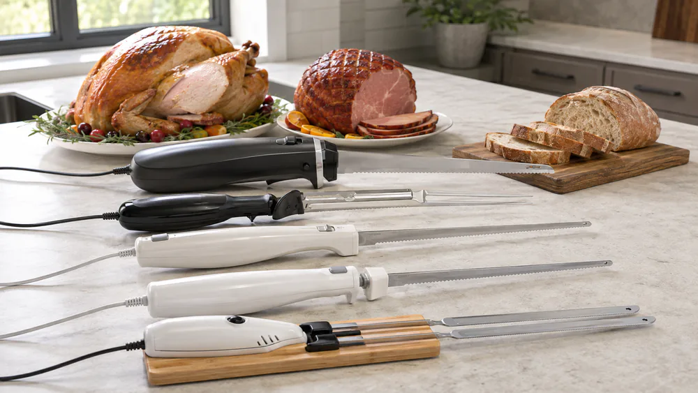 Five electric knives on a test kitchen counter beside a carved turkey, sliced ham, and crusty bread.