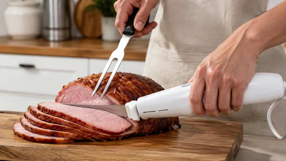 A Hamilton Beach 74250 slicing a smoked ham with its 9-inch blade and carving fork.