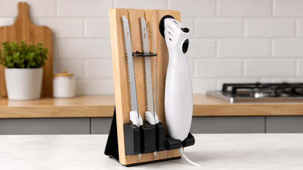 A white NutriChef electric carving knife set in its assembled hardwood stand with both blades.