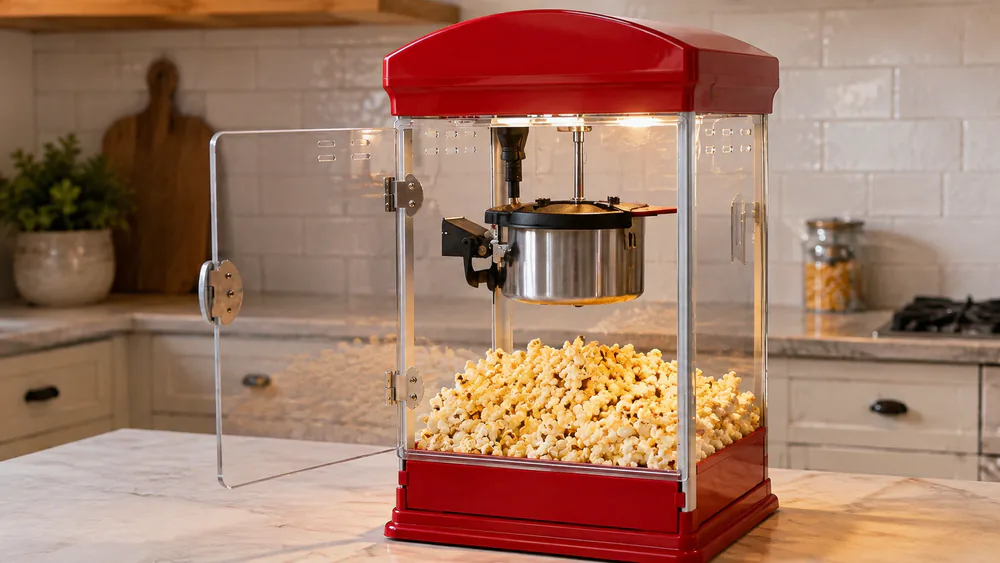 A red Great Northern Big Bambino on a counter with its door open, the 4-ounce kettle under the lit ceiling light, popcorn piled in the tray below.