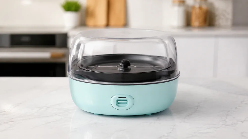 A Dash SmartStore Deluxe taken apart to show the base nesting inside its large lid, the whole machine stacked flat on a counter.