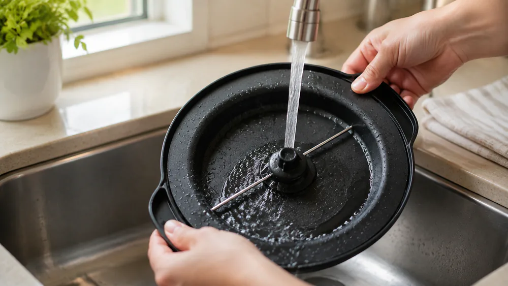 A FOHERE 6.3-quart popcorn maker with its nonstick cooking plate lifted out and held over a kitchen sink, water beading on the surface.