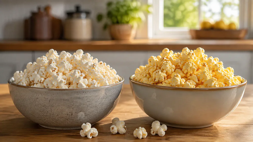 Two bowls of popcorn side by side, one light and dry from an air popper and one glossy from a hot-oil kettle, resting on a kitchen counter.
