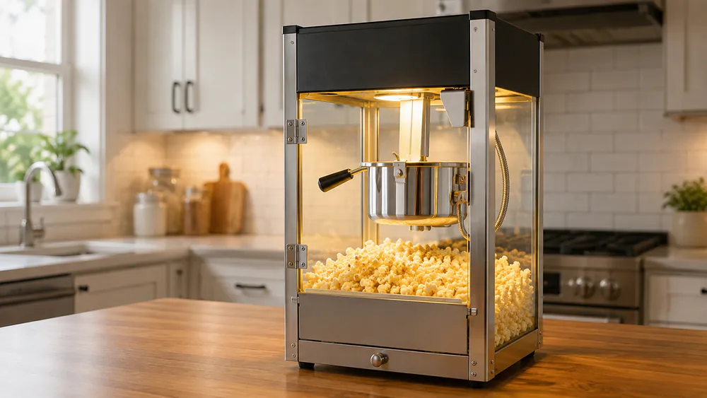 A ROVSUN commercial-style popcorn machine on a kitchen counter with its interior light on, the stainless kettle glowing inside the glass cabinet.