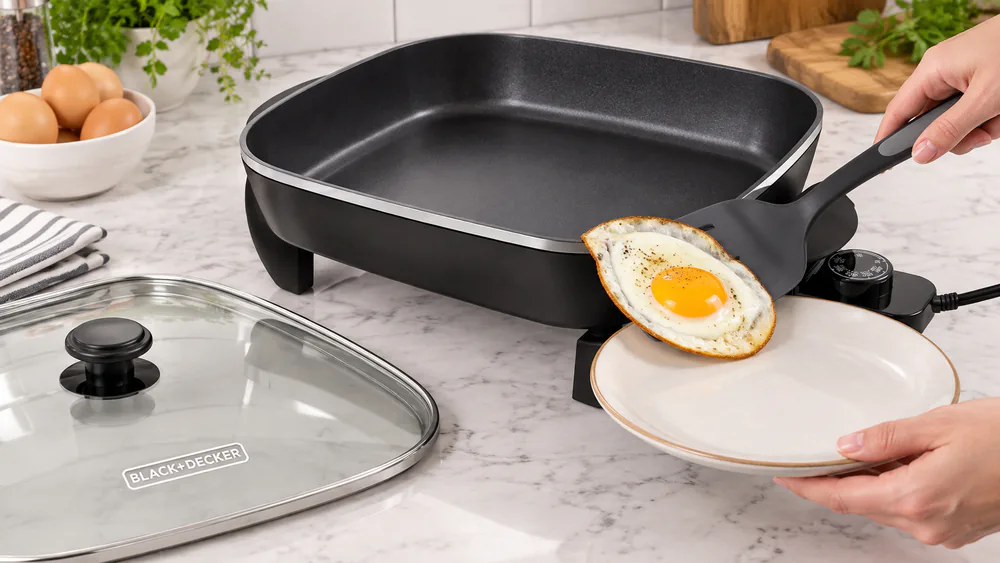 A BLACK+DECKER 12x15 electric skillet with an egg sliding cleanly off the slick nonstick surface.