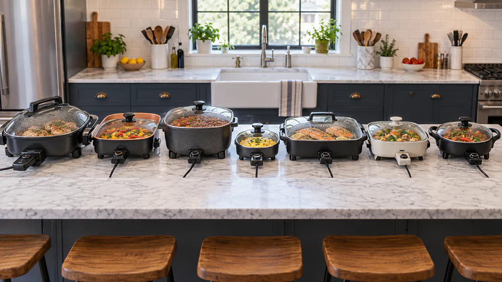 Seven electric skillets lined up on a kitchen counter mid-test, several with food cooking and lids fogged with steam.