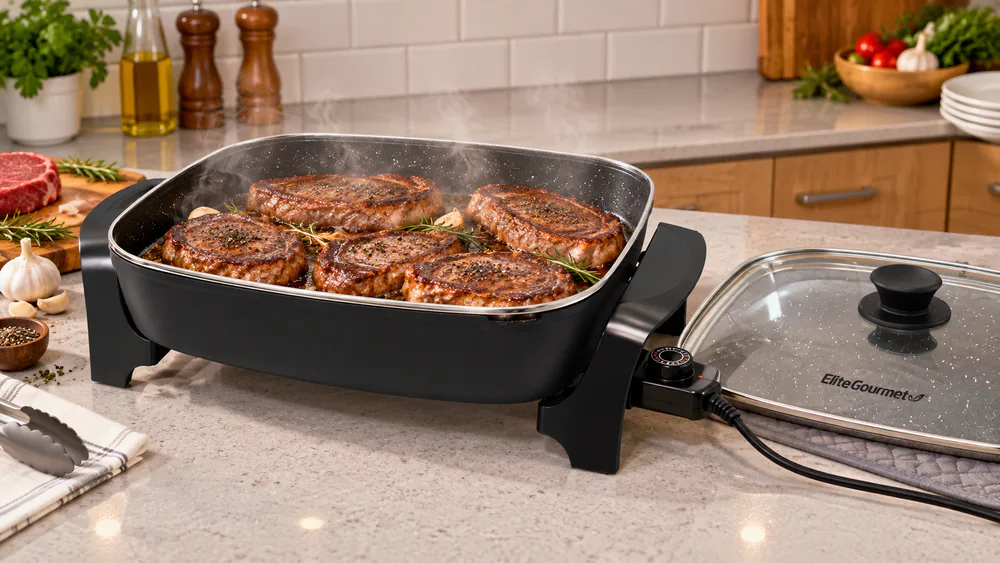 An Elite Gourmet 10.5-quart deep electric skillet holding several steaks at once during a family dinner cook.