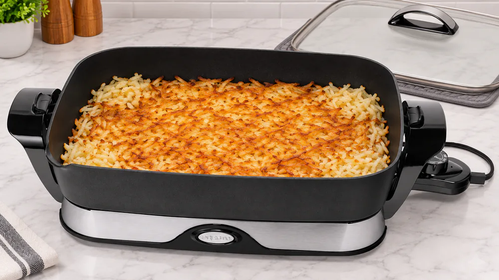 A Presto 16-inch foldaway electric skillet cooking a full batch of hash browns, with lighter browning visible in the corners.