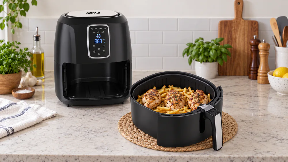 Open Emerald 5.2L air fryer basket holding three seasoned chicken breasts and a layer of fries