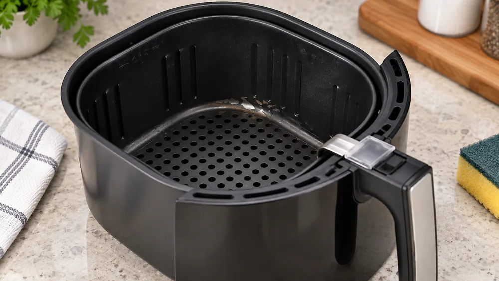Close-up of an Emerald air fryer basket with the nonstick coating starting to flake near the base