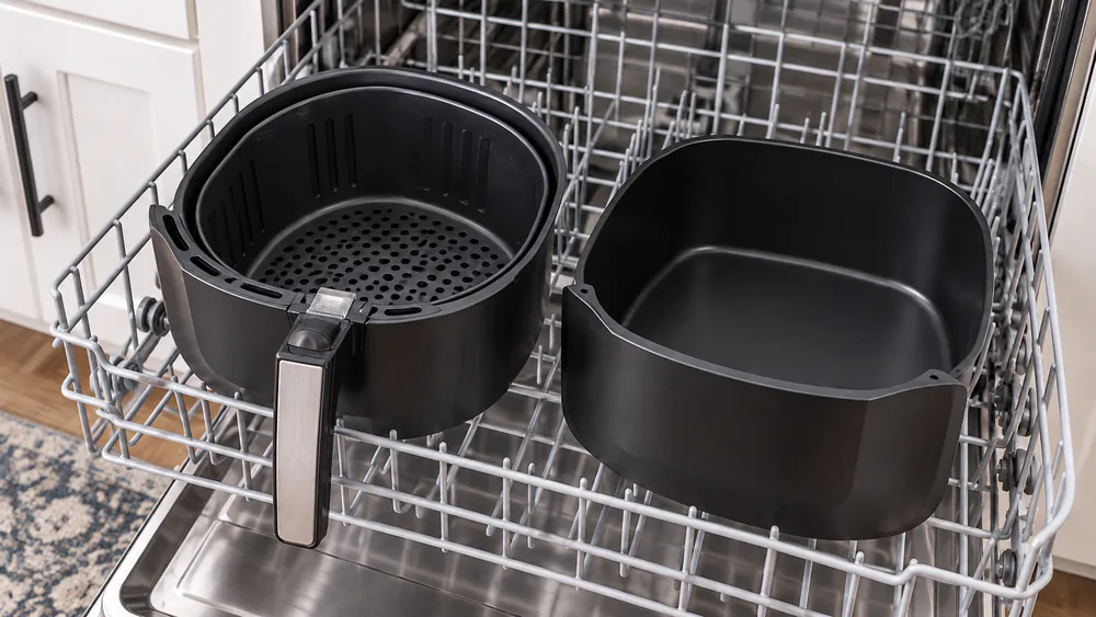 Emerald air fryer basket and pot loaded on the top rack of a household dishwasher