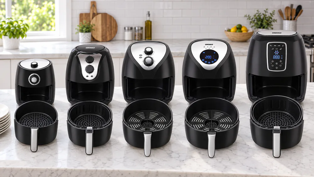 Five Emerald air fryer baskets in different sizes lined up on a kitchen counter next to a stack of dinner plates for scale