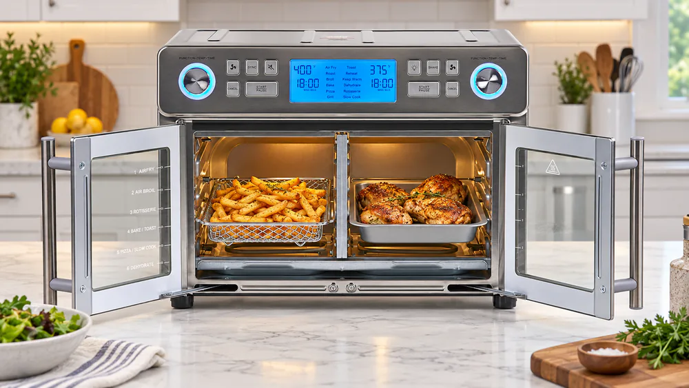 The Emeril Dual Zone 360 air fryer with its divider in place, one zone holding fries and the other holding chicken at different temperatures.