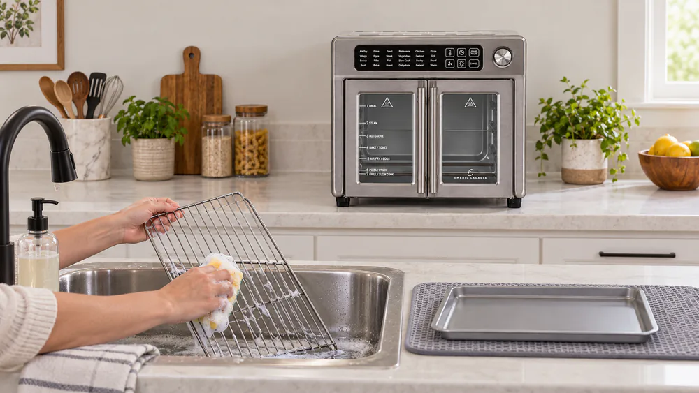 Someone hand-washing the racks and trays from an Emeril 360 air fryer at a kitchen sink to protect the interior plating.