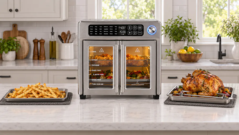 An Emeril Lagasse French Door 360 air fryer oven on a kitchen counter mid-test with a tray of fries and a rotisserie chicken beside it.