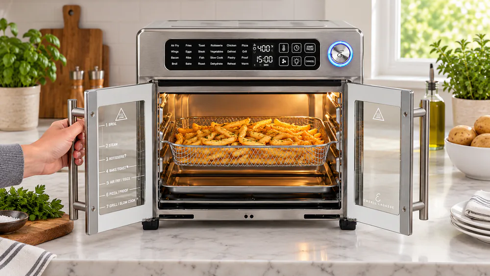 A hand opening both French doors of the Emeril French Door 360 air fryer with a single pull, showing the lit interior and loaded rack.