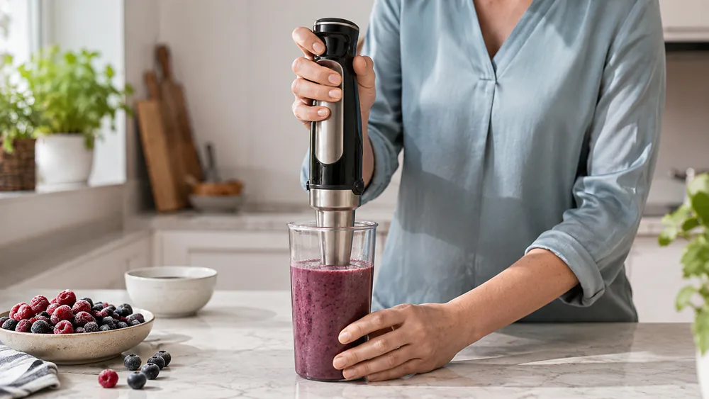 The Braun MultiQuick 7 blending a frozen berry smoothie in a tall glass.