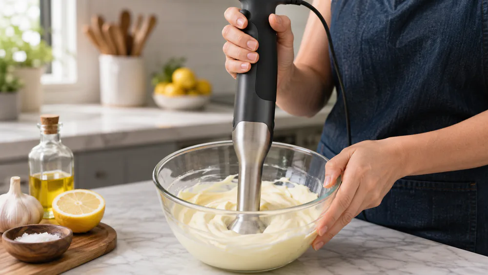 The Breville Control Grip immersion blender making mayonnaise in a glass bowl, bell submerged.