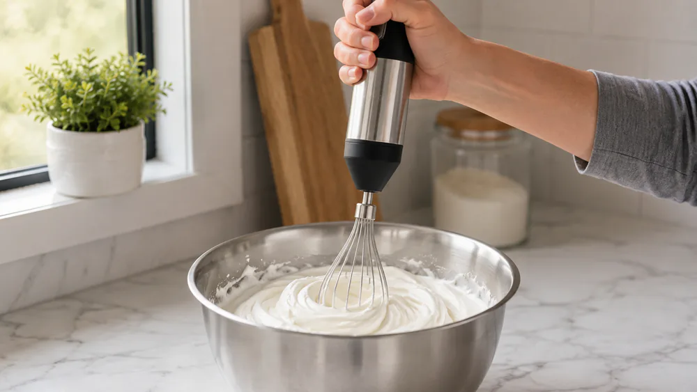 The Cuisinart Smart Stick's chef's whisk beating cream in a metal bowl.