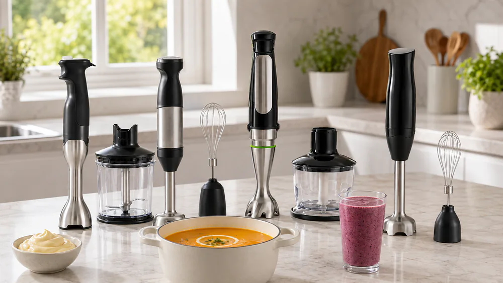 Our test kitchen setup: bowls of mayonnaise, a pot of soup, a jar of frozen fruit smoothie, and seven immersion blenders on the counter.