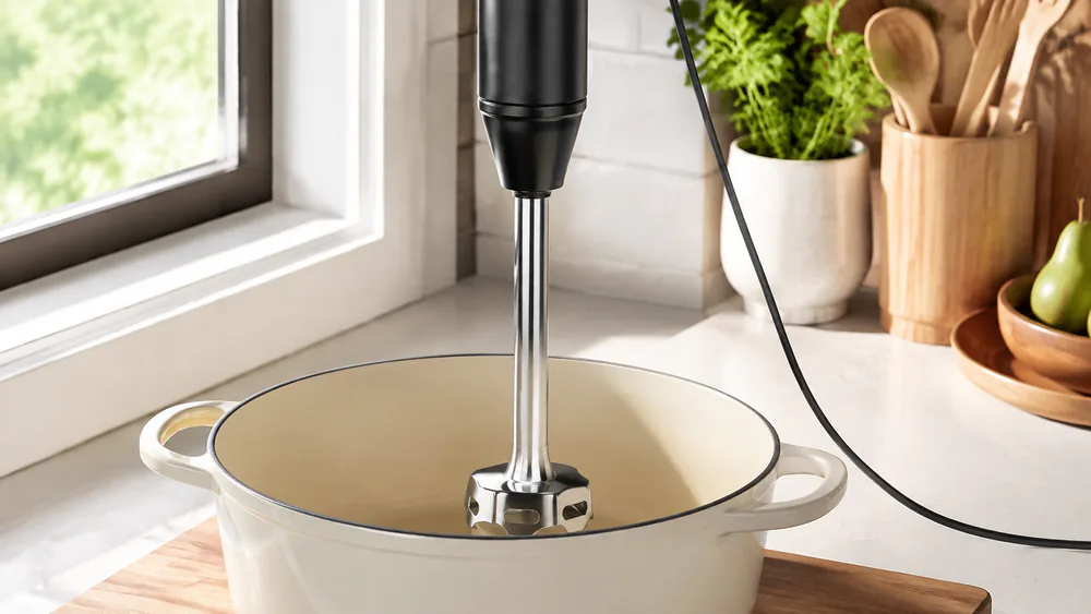 The KitchenAid corded with its removable pan guard resting on the rim of an enameled Dutch oven.