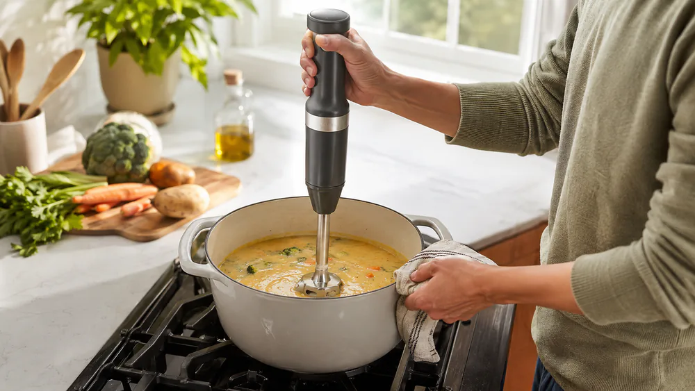 A hand using the cordless KitchenAid over a pot of soup, no power cord in sight.