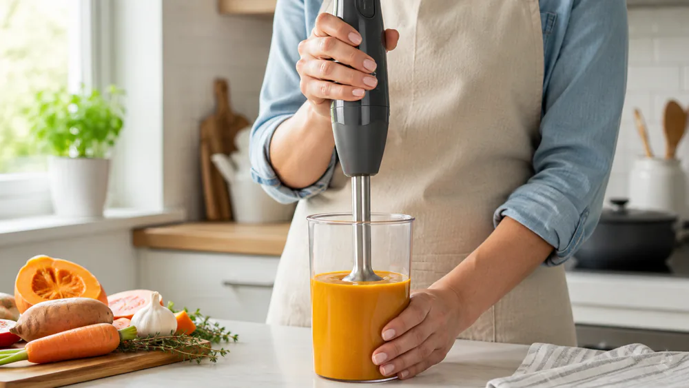 The Nutribullet Lite blending a small batch of soup in its 30oz measuring cup.