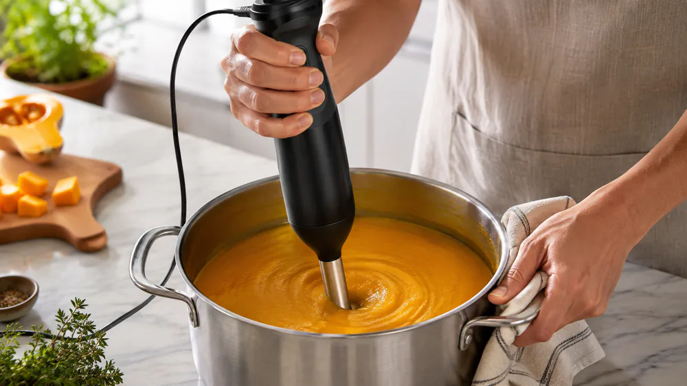The Vitamix 2-Speed pureeing butternut squash soup directly in a stainless pot.