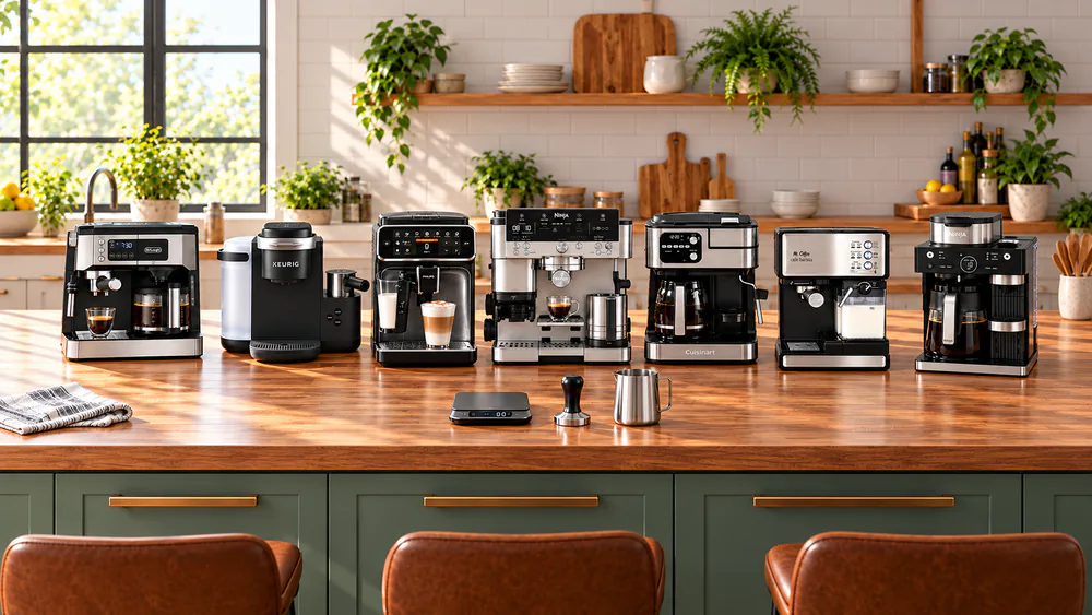 Seven espresso and coffee maker combo machines lined up on a kitchen counter with a scale, tamper and milk pitcher beside them