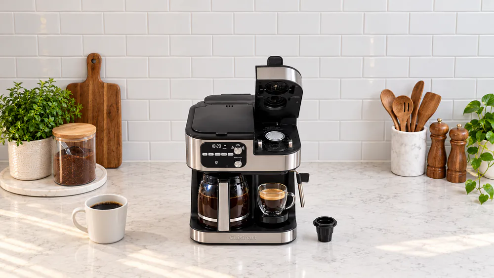 Cuisinart Coffee Center Barista Bar with the glass carafe, a K-Cup holder and a Nespresso-style capsule loaded on the same counter footprint