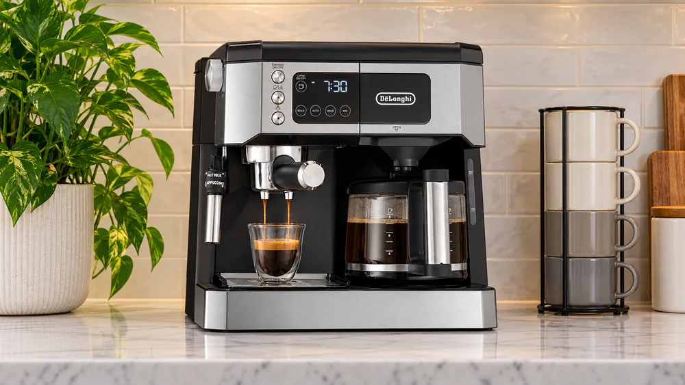 De'Longhi All-in-One Combination on a counter with the glass carafe on the drip side and an espresso cup under the portafilter on the other side