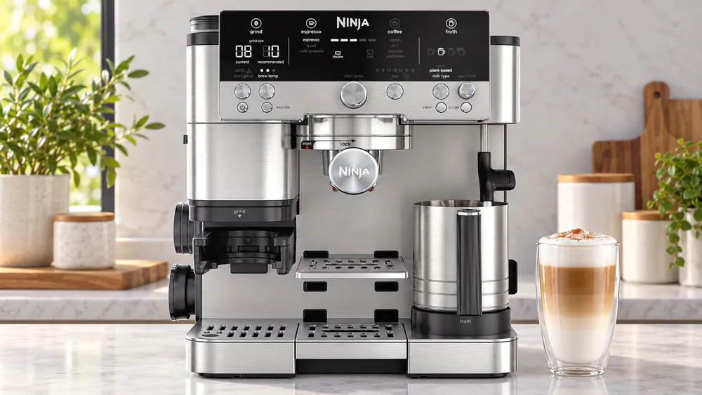 Ninja Luxe Cafe Premier with its control display showing brew and froth settings and a finished latte in a glass beside it