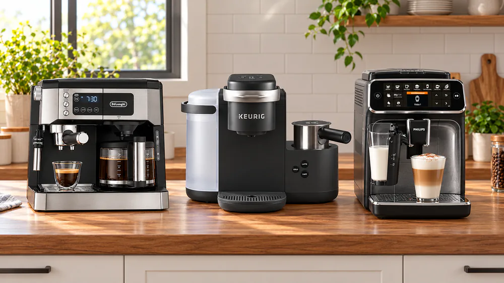 Three machines side by side on a counter: a drip plus espresso combo, a pod-based combo and a bean-to-cup automatic
